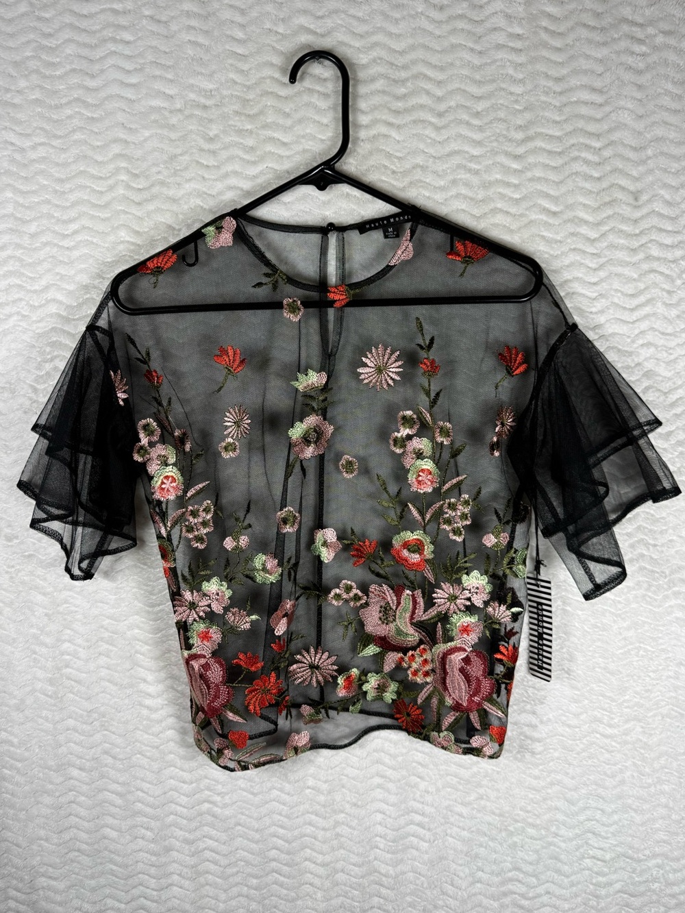 Haute Monde Black Sheer Floral Embroidered Top